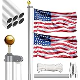 20FT Sectional Flag Pole Kit, Heavy Duty Aluminum Outdoor In-Ground Flagpole, Golden Ball Top, 3x5 USA Flag - Outdoor Flag Poles for Residential Commercial Garden (Silver, 20FT)