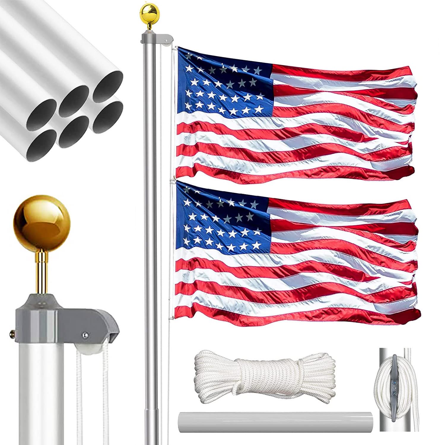 Photo 1 of 25FT Sectional Flag Pole Kit, Heavy Duty Aluminum Outdoor In-Ground Flagpole, Golden Ball Top, 3x5 USA Flag - Outdoor Flag Poles for Residential Commercial Garden (Silver, 25FT)