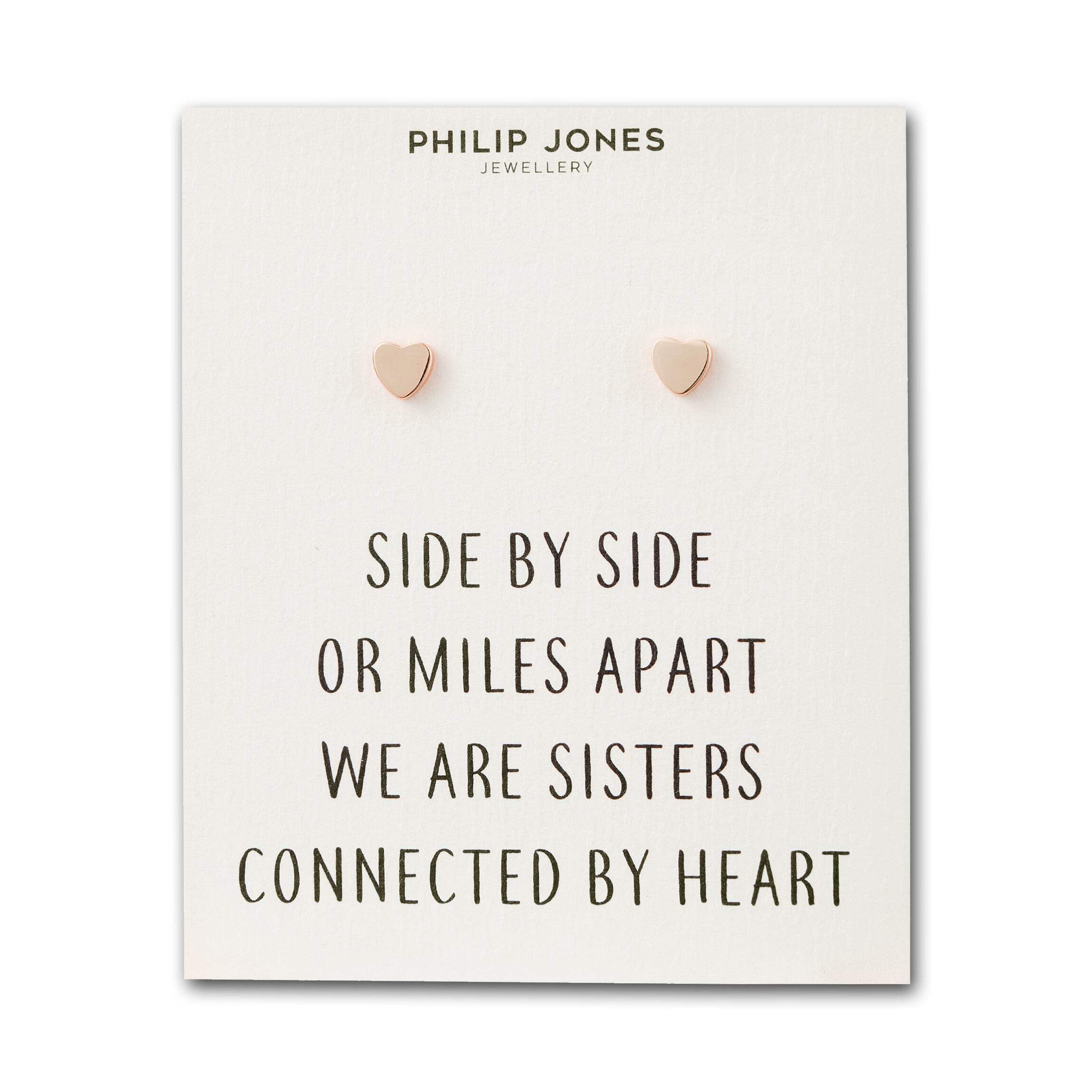 Philip Jones Rose Gold Plated Sister Heart Stud Earrings with Quote Card