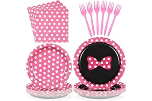 GRENCIAN 96Pcs Pink Mouse Party Supplies Xmas Cartoon Mouse Paper Plates and Napkins Tableware Sets Pink White Polka Dot Bow Decorations for Kids Girls Birthday Baby Shower Cute Cartoon Theme Party Serves 24