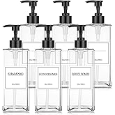 Tanlade 6 Pcs Shampoo and Conditioner Dispenser Bottles 16oz Modern Shower Soap Bottles with Pump, Labels and Marker Pen Easy to Refill Body Wash Dispensers for Home Bathroom Decoration(Clear)