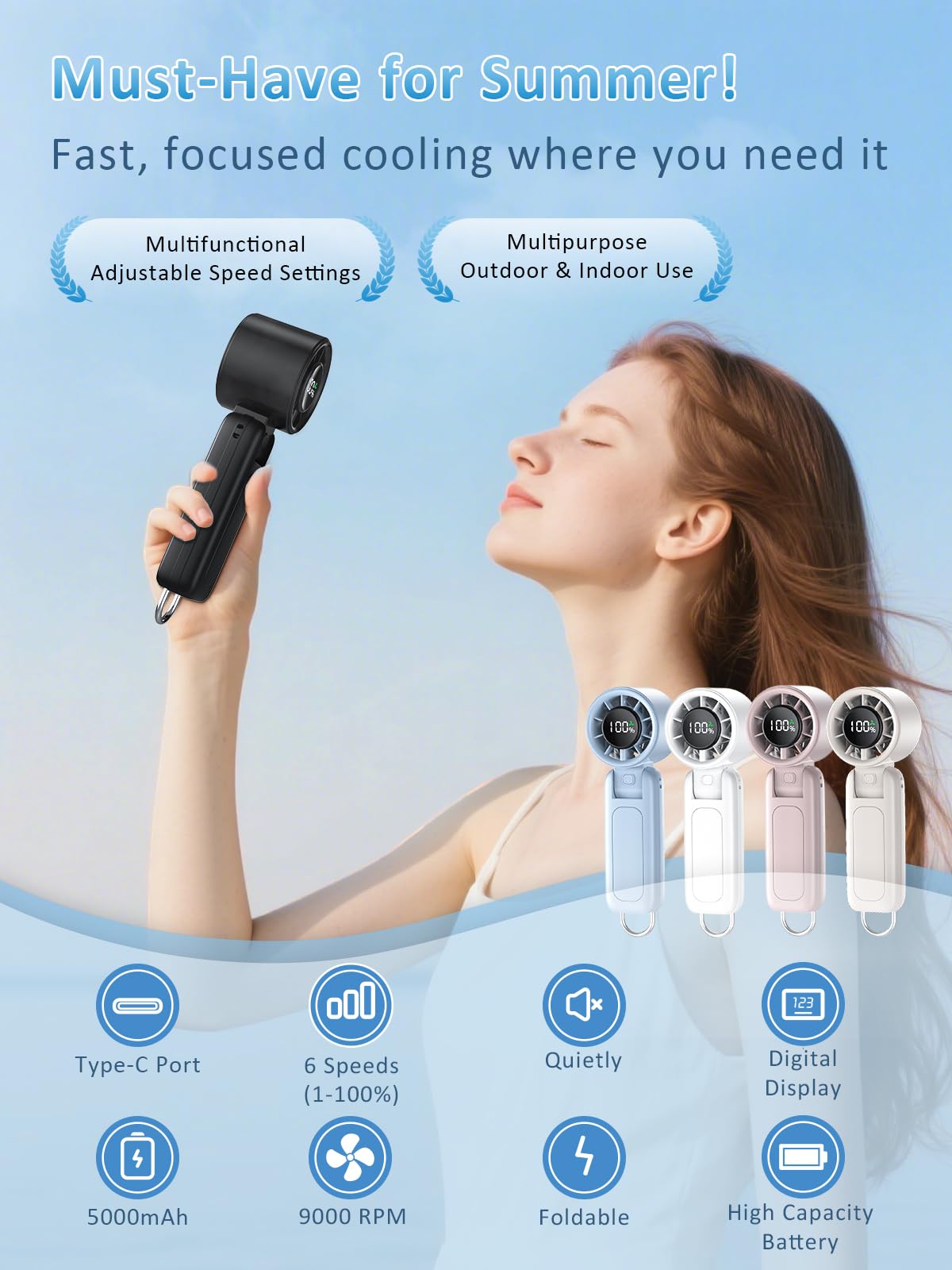 4 in 1 Portable Handheld Turbo Fan, 9000RPM High-Speed Mini, 180° Foldable, 1-100 Speeds, Up to 15H Use, 5000mAh Battery, Powerful Personal Cooling, Hand Held Fan for Travel, Indoor & Outdoor