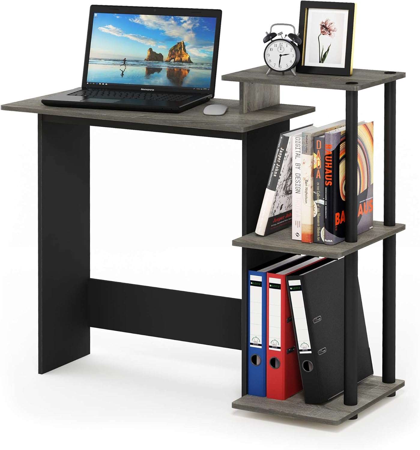FURINNO Efficient Home Laptop Notebook Computer Desk, Square Side Shelves, French Oak Grey/Black: Furniture & Decor