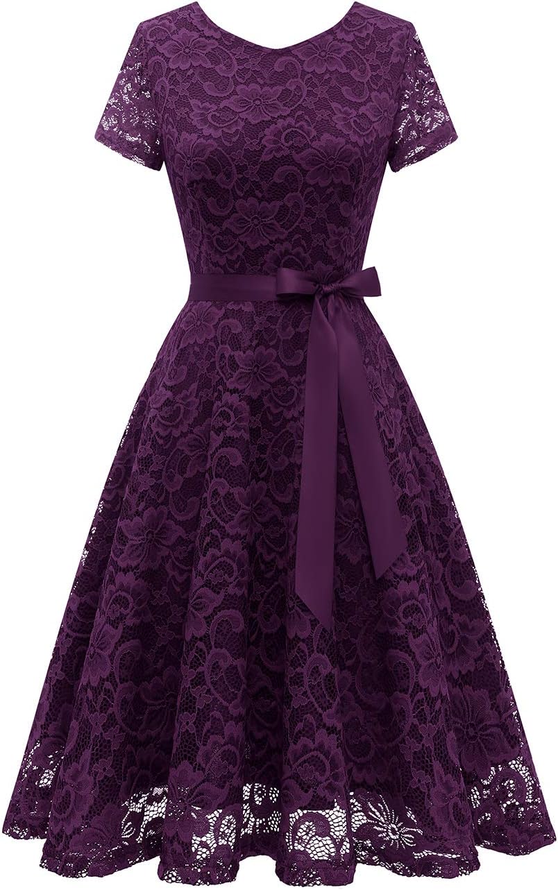 Bridesmay Women's Floral Lace Short Sleeve Lace Dress for Cocktail Party Wedding Bride Bridesmaid