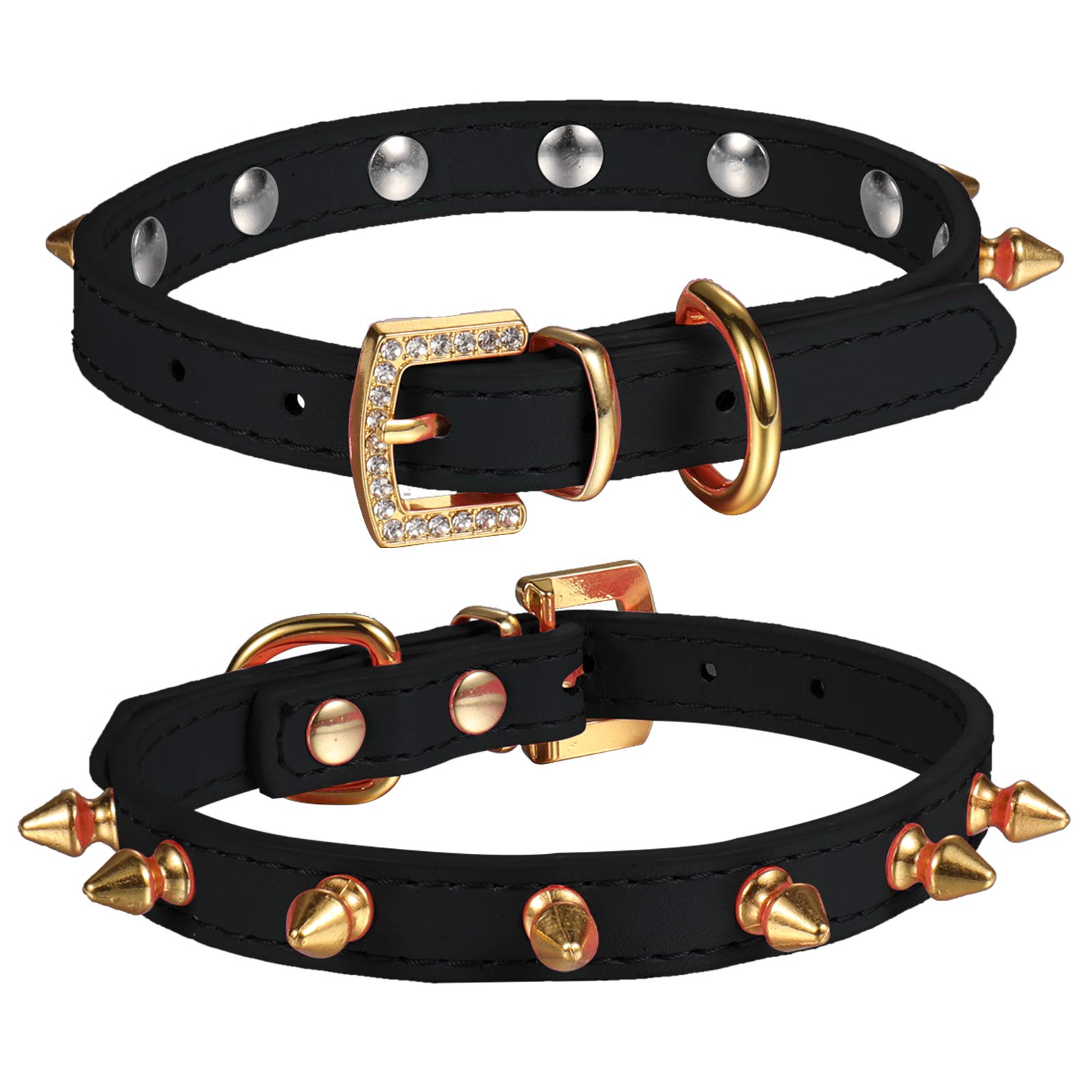 Photo 1 of LOVPE One Row Golden Spiked Studded Leather Dog Collar/Cat Collar with Golden Rhinestone Buckle for Small Dog/Cat Puppy Kitty (Black, S)