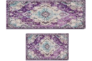 Purple Kitchen Mats for Floor Boho Abstract Anti Fatigue Mat Vintage Oriental Asia Non Slip Washable Kitchen Rugs Set of 2 Mi