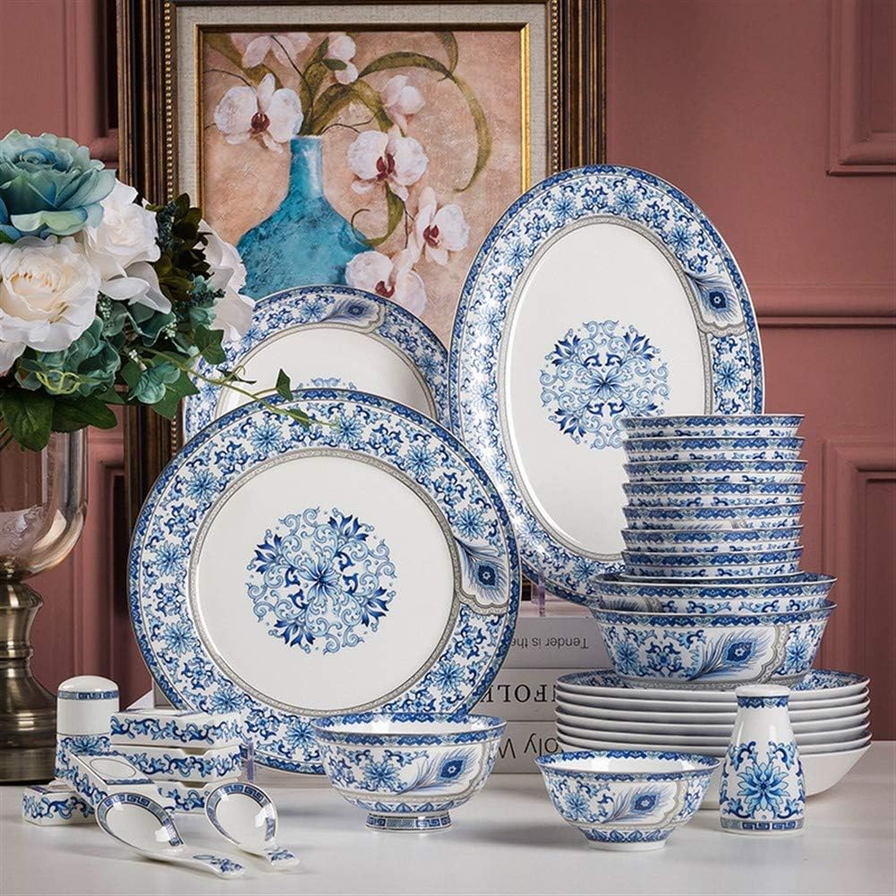 QUETAZHI dinner dish/plates set 60 Pieces High-end Dishes Set, Creative And Simple European-style Jingdezhen Ceramic Tableware,Round Dinnerware Set, Dinner Plates,Service For 6-10 People SH-212