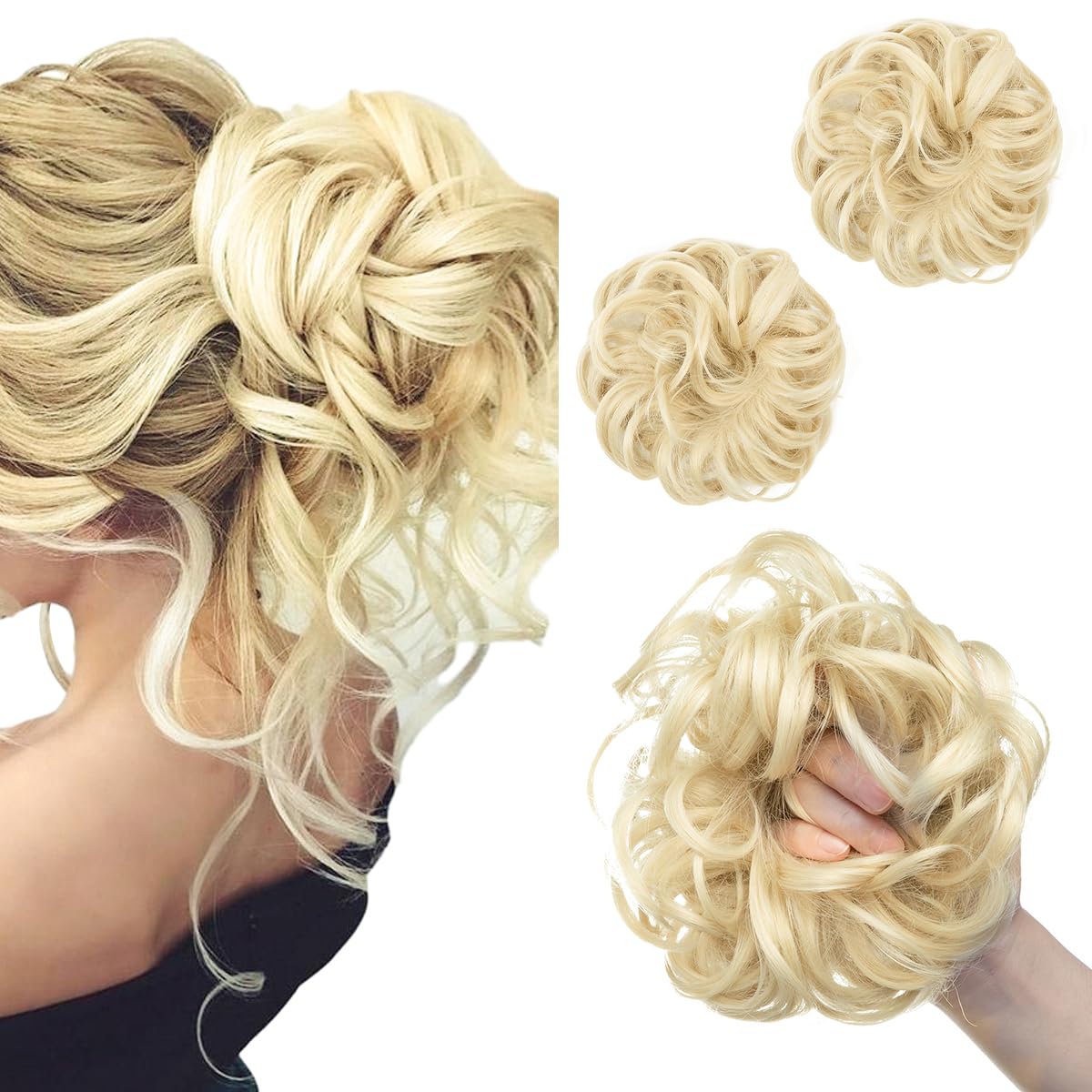 SARLA 2PCS Messy Bun Hair Pieces for Womens Synthetic Scrunchies Buns Extension Hairpieces Updo Pony Tail Beach Blonde — image 1