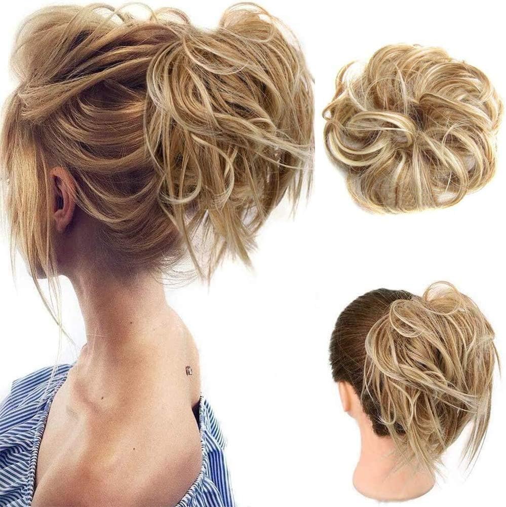 2Pack Blonde Messy Hair Buns for Women Hair Extension Scrunchies Synthetic Hair Messy Hair Scrunchies Donut Chignons Hairpieces Updo Hair Buns Extensions(27T/613)