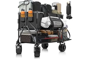 OUTLITT Double Decker Wagon Heavy Duty Collapsible, 600LBS 400L Capacity Foldable Utility Cart with Big Wheels for Beach, Outdoor, Camping & Gardening, Durable Steel Frame