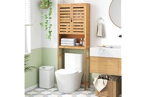 Tangkula Over The Toilet Storage Cabinet, Bamboo Bathroom Space Saver with 2 Doors, Adjustable Bottom Bar, Open Shelf, Freest