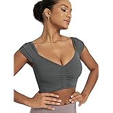 ODODOS Ruched Front Crop Tank for Women V-Neck Cut Out Back Cap Sleeve Cropped Tops