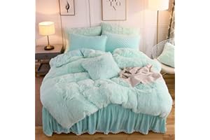 LIFEREVO Luxury Plush Shaggy Duvet Cover Set, Soft Velvet Fluffy Furry Duvet Cover Set(1 Faux Fur Fuzzy Comforter Cover + 2 Pom Poms Pillow Cases) Solid Bedding Set, Zipper Closure(Full/Queen, Mint)