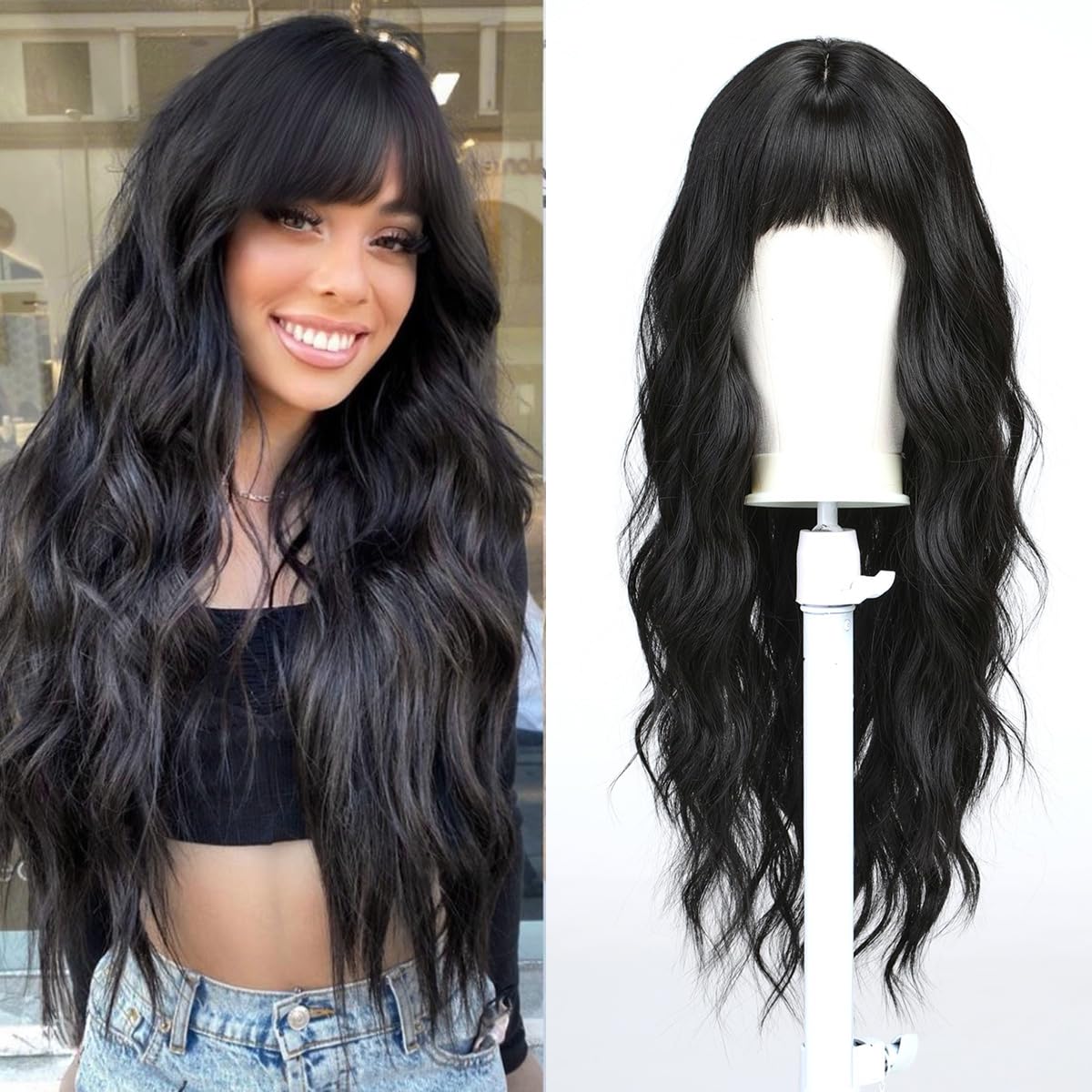 Esmee Long Wavy Black Wig for Women Natural Synthetic Hair Heat Resistant Brunette Wigs with Fringe — image 1
