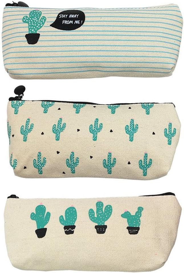 SPOTEST 3 Pack Cute Lovely Cactus Pattern Zipper School Pencil Bag Holder Pen Case Simple Kawaii Style Office Stationery Canvas Makeup Cosmetic Pouch Bag