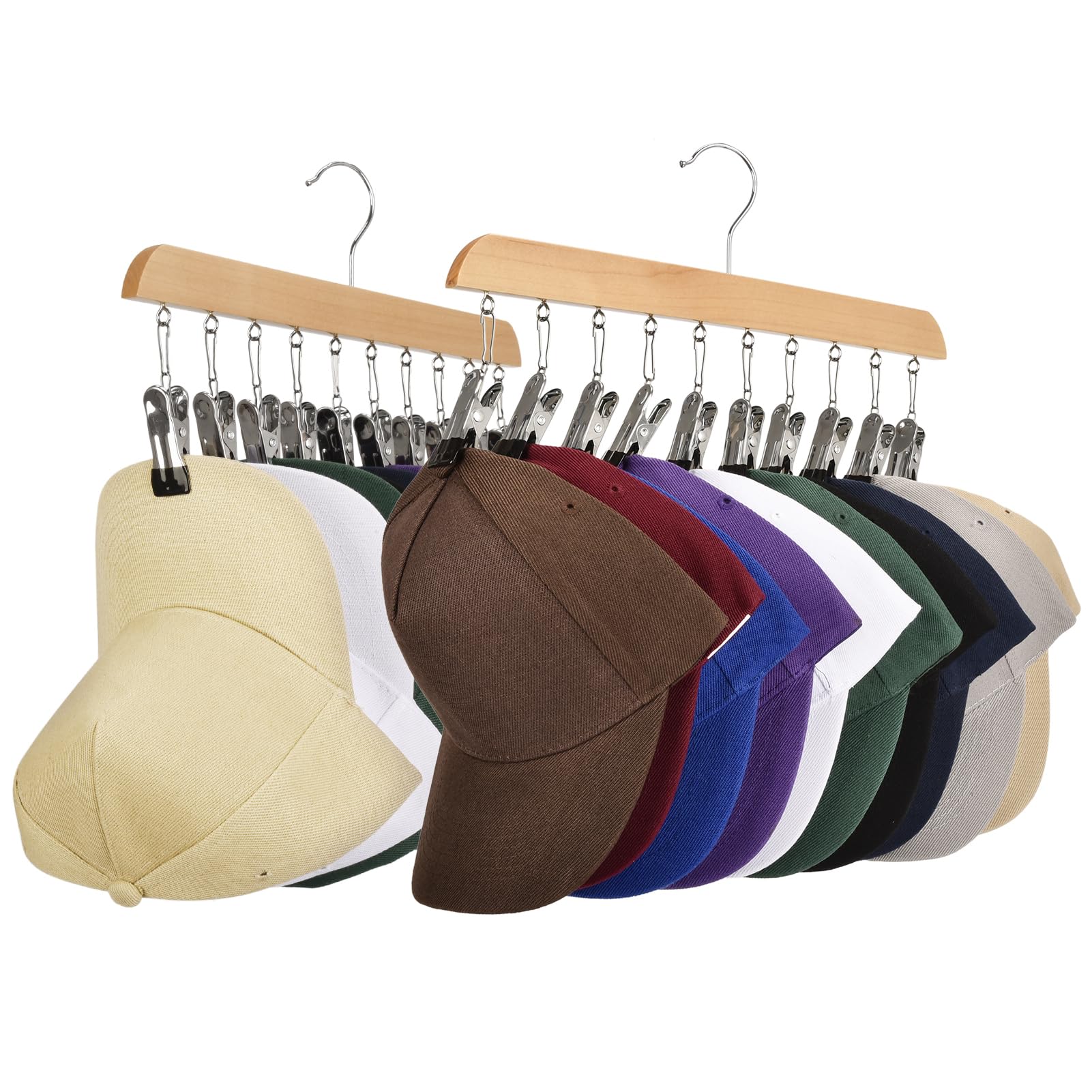 Hat Racks for Baseball Caps Sangle Sopffy 2PCS Wooden Hat Hanger With 10 Rubber-Coated Stainless Steel Clip,Hat Organizer for Hat Storage Organizer,Fit for All Caps,Clothing Accessories (Log Colour)