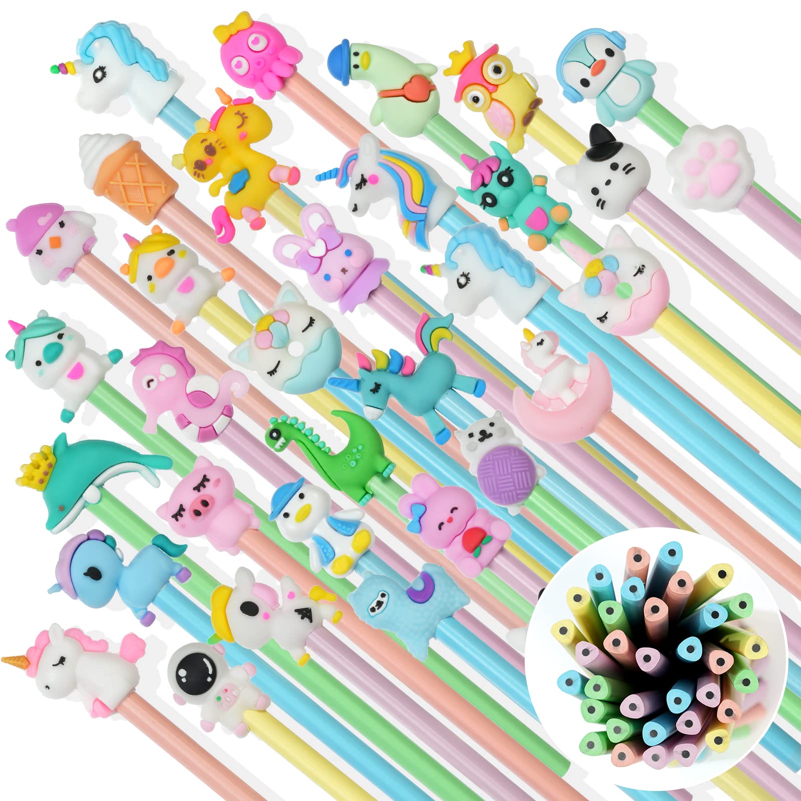 AUAUY Pencils #2 HB, Fun Pencil with Cartoon Toppers, 36PCS Wood-Cased Graphite Pencils, Cute Sketch Pencils Gifts for Students School Classroom Party Reward Supplies