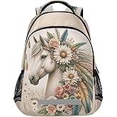 Horse Backpack for Students Boys Girls Horse Flowers Feathers School Bag Travel Daypack Rucksack