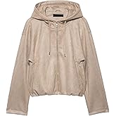 Xunger Women's Faux Suede Drawstring Hooded Jacket Bomber Casual Solid Color Zipper Outerwear with Pockets