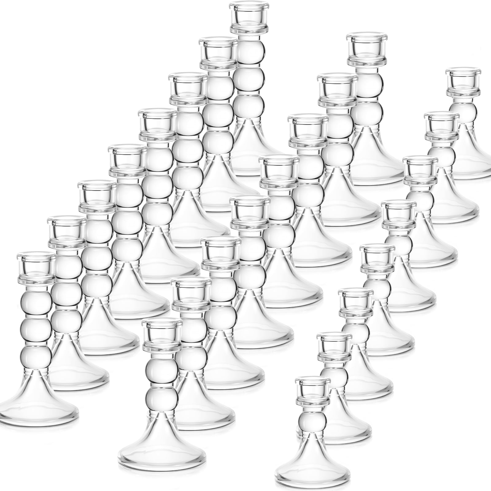 Photo 1 of Mumufy 24 Pack Glass Taper Candle Holders Clear Candlestick Holder Fit 0.8 Inch Candles 4'' 5'' 6'' 8'' Tall Crystal Decorative Candlestick Stand Centerpiece for Table Wedding Dining Party (Glossy)