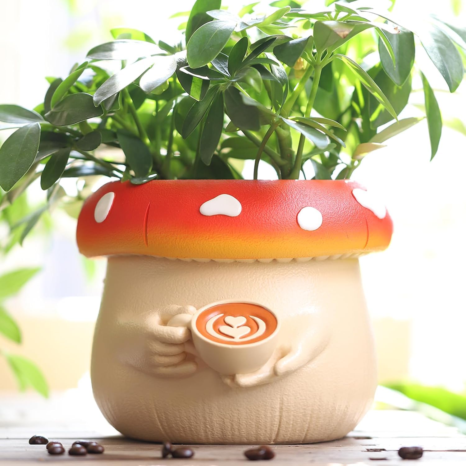 AmiCera Cute Coffee Cups Flower Pot, Small Indoor Mushroom Decor Planters, Colourful Plant Pot for Indoor Plants, Unique Garden Planter with Drainage, Decorative Funny Garden Gifts, White