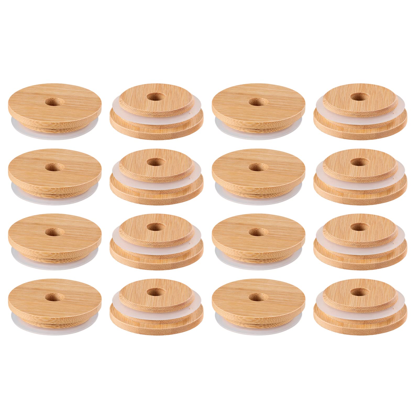 Photo 1 of 16PCS Bamboo Jar Lids with Straw Hole Reusable Bamboo Canning Jar Lids for Regular Mouth Mason 70MM