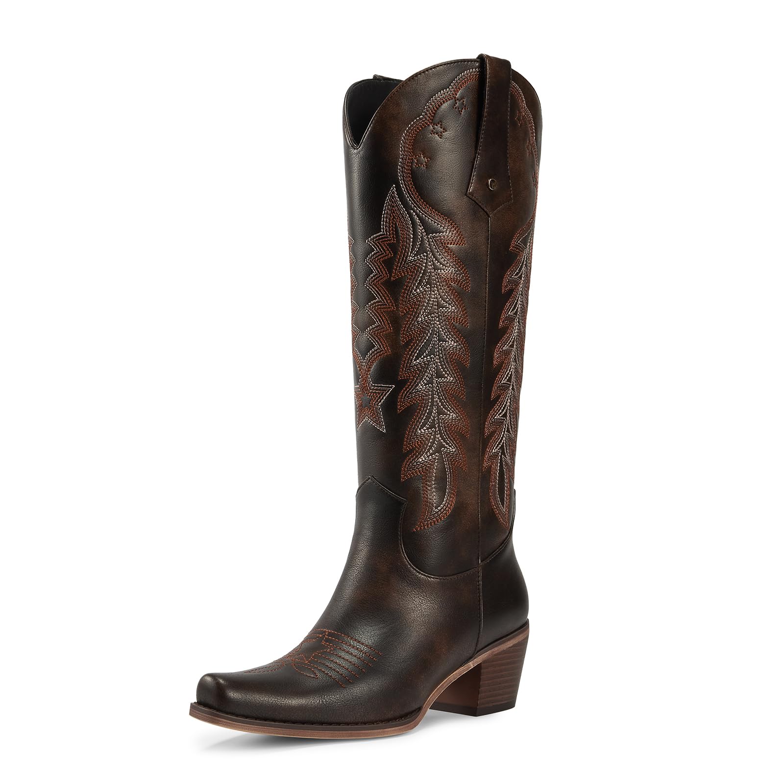 Photo 1 of wetkiss Brown Cowboy Boots for Women Knee High Cowgirl Boots Retro Embroidered Chunky Heels Pointed Toe Western Long Tall Boot Pull On (Brown Size7.5)
