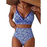 Herseas Women's Embroidered Flowers Bikini Sets Scalloped V Neck Swimsuits High Waisted Bathing Suits
