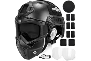 HANSTRONG GEAR Airsoft Helmet and Mask Tactical Paintball Black PJ Type Fast Helmet with Detachable Adjustable Goggles Airsoft Full Face Masks Protection