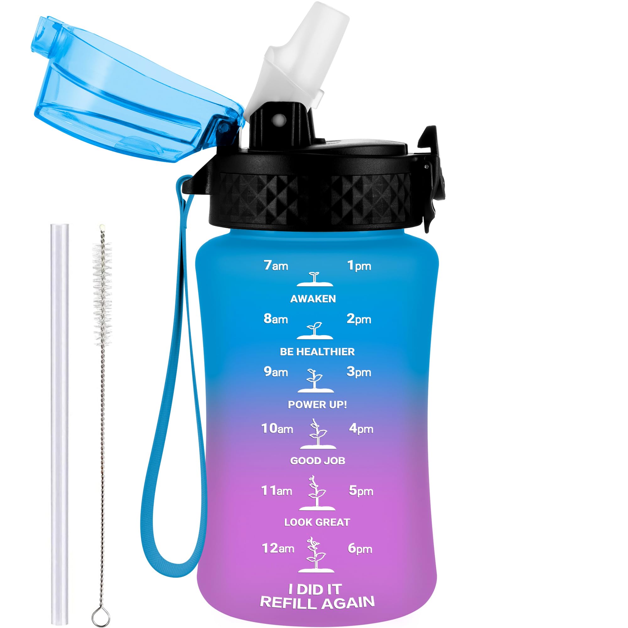 GOPPUS 350ml/12oz Kids Water Bottle With Straw Tritan Drinks Bottle with Strap Small Toddler Juice Bottles with Flip Top Lid Leakproof Children's Cup with Time Marking BPA free Girl Boy (Blue Purple)
