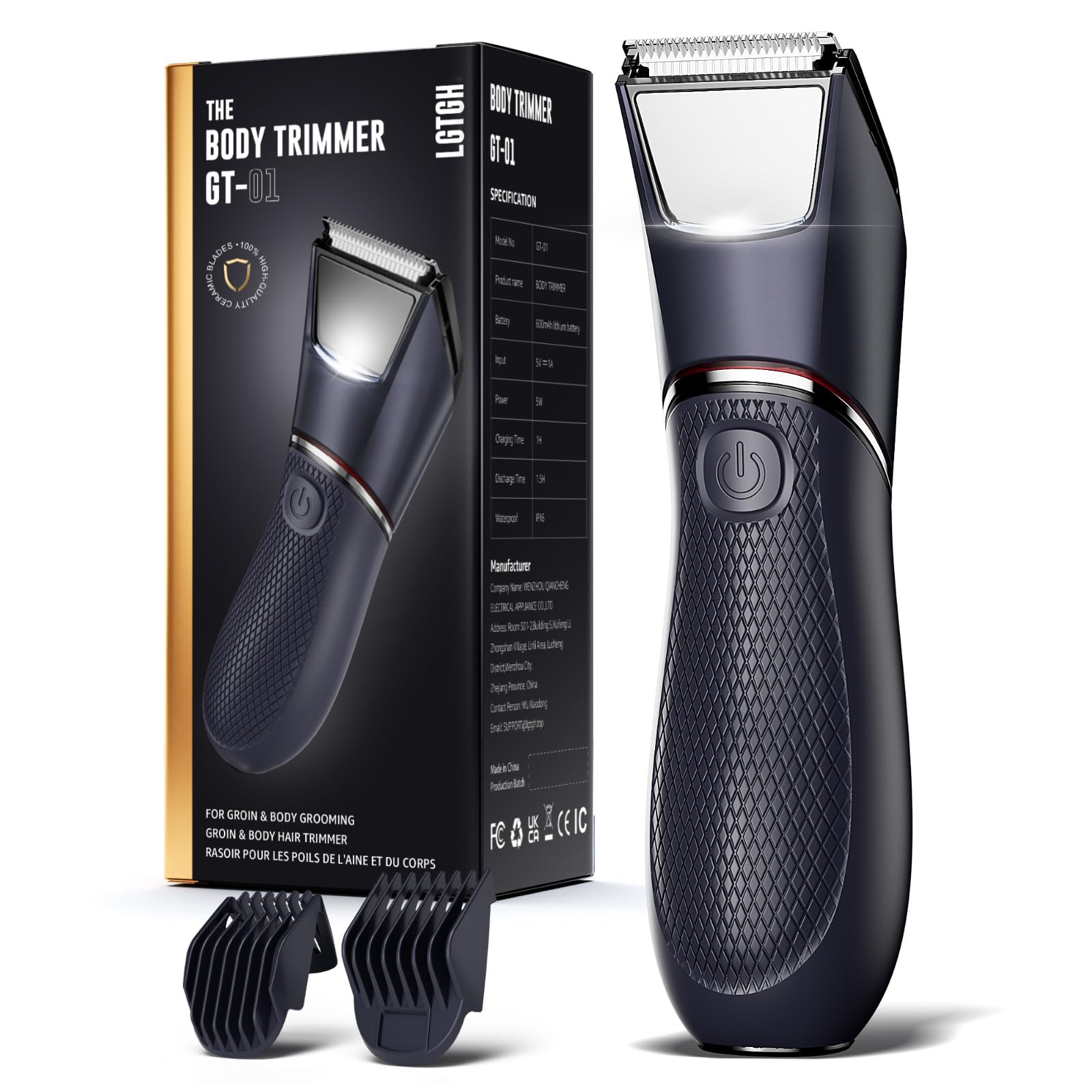 View 1 of ***BLUE NAVY***Body Hair Trimmer for Men: Pubic Hair Trimmer with Mirror & LED Light - Electric Ball Shavers with Ceramic Blades & Travel Lock - Body Groomer IPX7 Wet or Dry Use for Groin/Legs