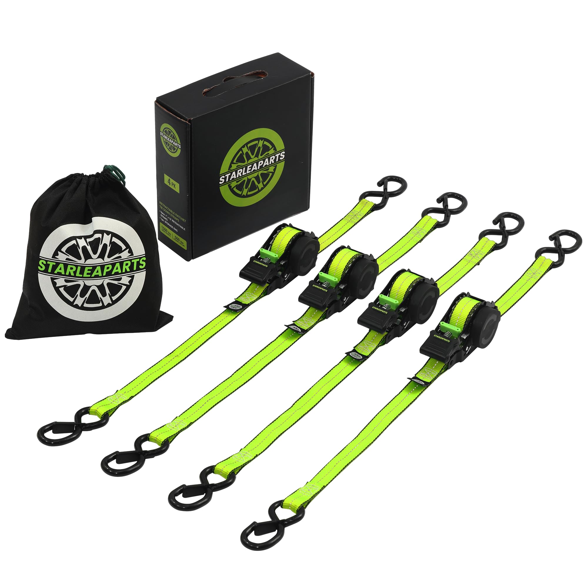 Photo 1 of STARLEAPARTS Retractable Ratchet Straps (4PK 1.0INX12FT) - 1,500lb Break Strength, Heavy Duty with Rubber Coated Handle, Perfect for Motorcycle, Kayak and Trucks