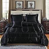 Bedding_Dreamer Black Silky Comforter Set Silk Like Satin Full Bed in a Bag 8 Pieces Luxury Hotel Silky Bedding with 1 Comforter, 1 Flat Sheet, 1 Fitted Sheet, 4 Pillowcases, 1 Cushion Cover