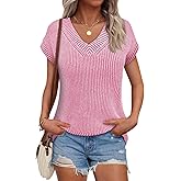 Saodimallsu Womens V Neck Short Sleeve Sweater Summer Lightweight Cap Sleeve Casual Loose Knit Pullover Tank Tops