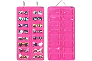 AROUY Sunglasses Organizer Storage, Hanging Dust Proof Wall Pocket Glasses Organizer - 16 Felt Slots Sunglass Organizer Holder with Metal Hook and Sturdy Rope (Dust Proof, Rose)