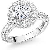 Gem Stone King 925 Sterling Silver 6MM Round Gemstone Birthstone and White Moissanite Halo Engagement Ring | Wedding Anniversary Promise Ring For Women | Available In Size 5, 6, 7, 8, 9