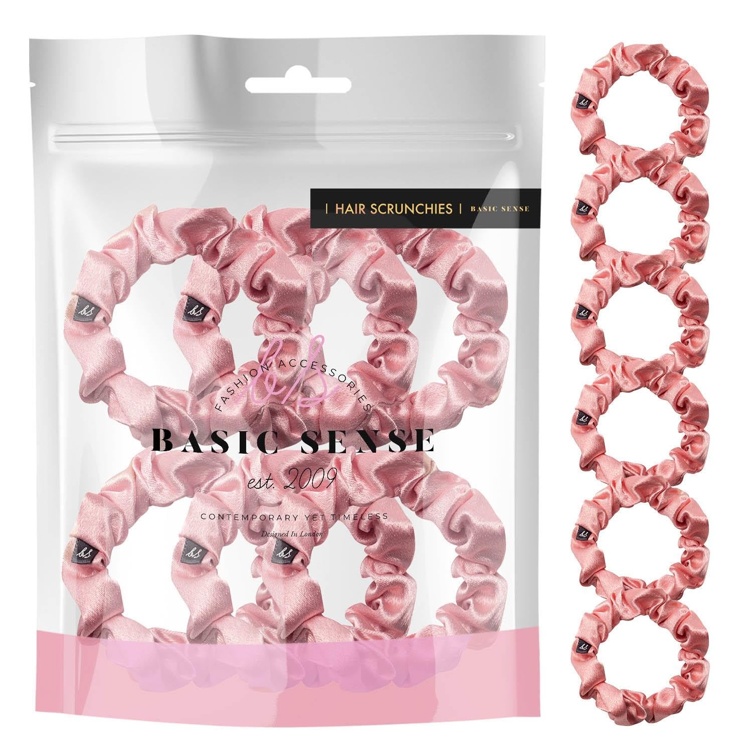 Basic Sense Skinny Satin Hair Scrunchies for Fine Hair, Snag-Free, Strong Hold, A set of 6pcs, Pink