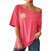 Remidoo Women's Oversized T Shirt Off The Shoulder Tops Short Sleeve Shirts Graphic Tees