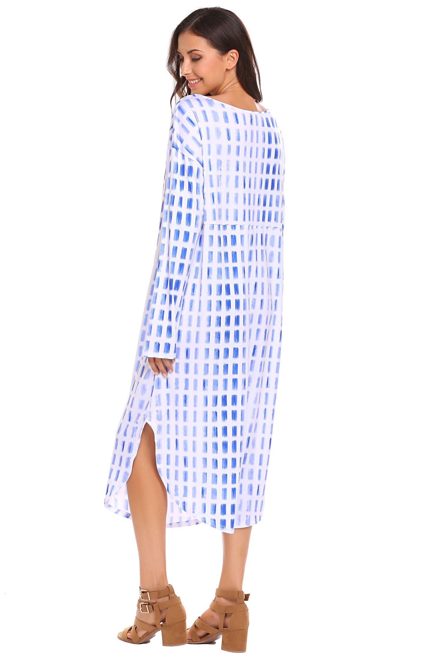SE MIU Women Casual Maxi Long Sleeve Split Tie Dye Shift Dress