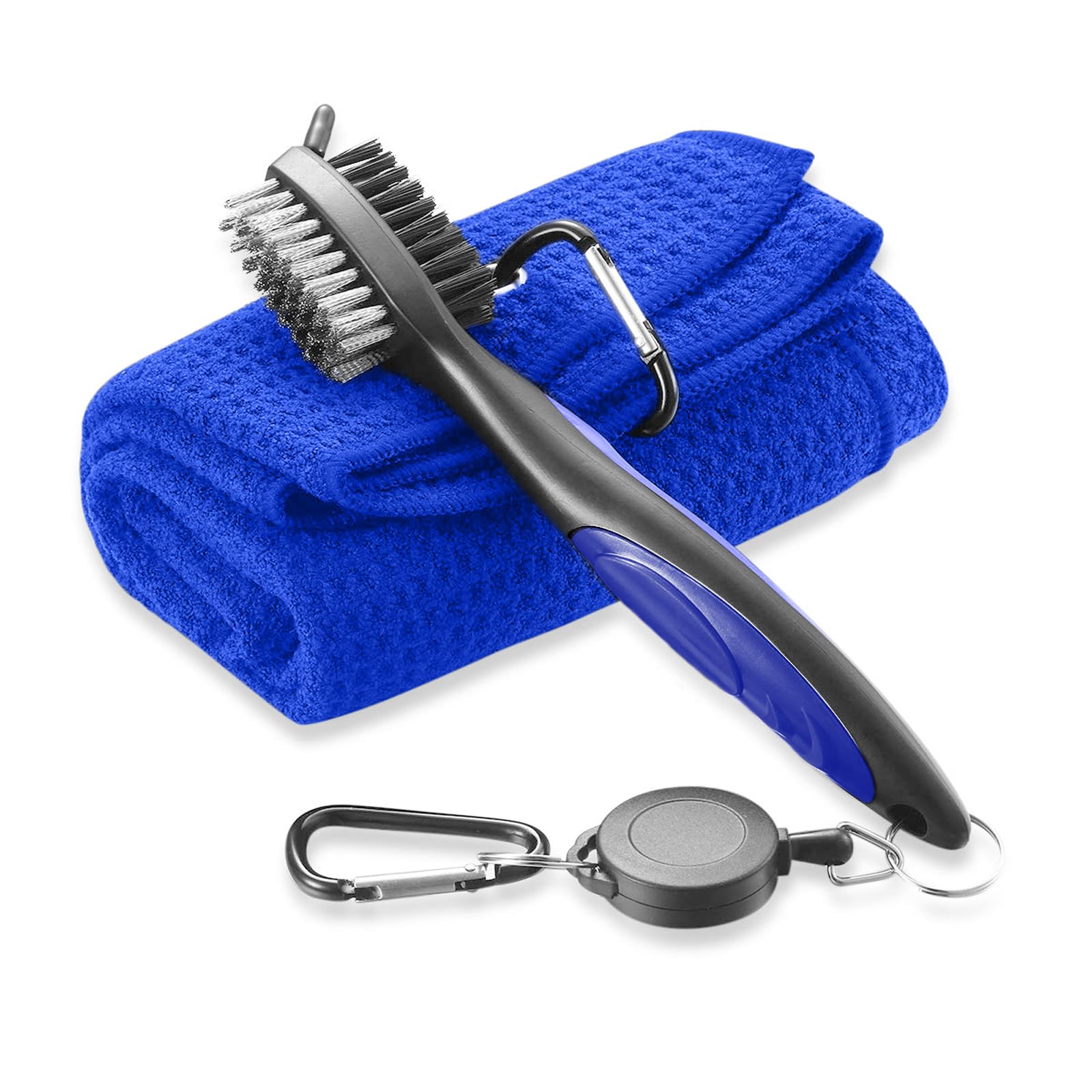 FUZVOL Blue Golf Brush and Microfiber Towel Cleaning Kit - Portable with Clip Carabiner, Waffle Pattern Golf Accessories Gift for Men