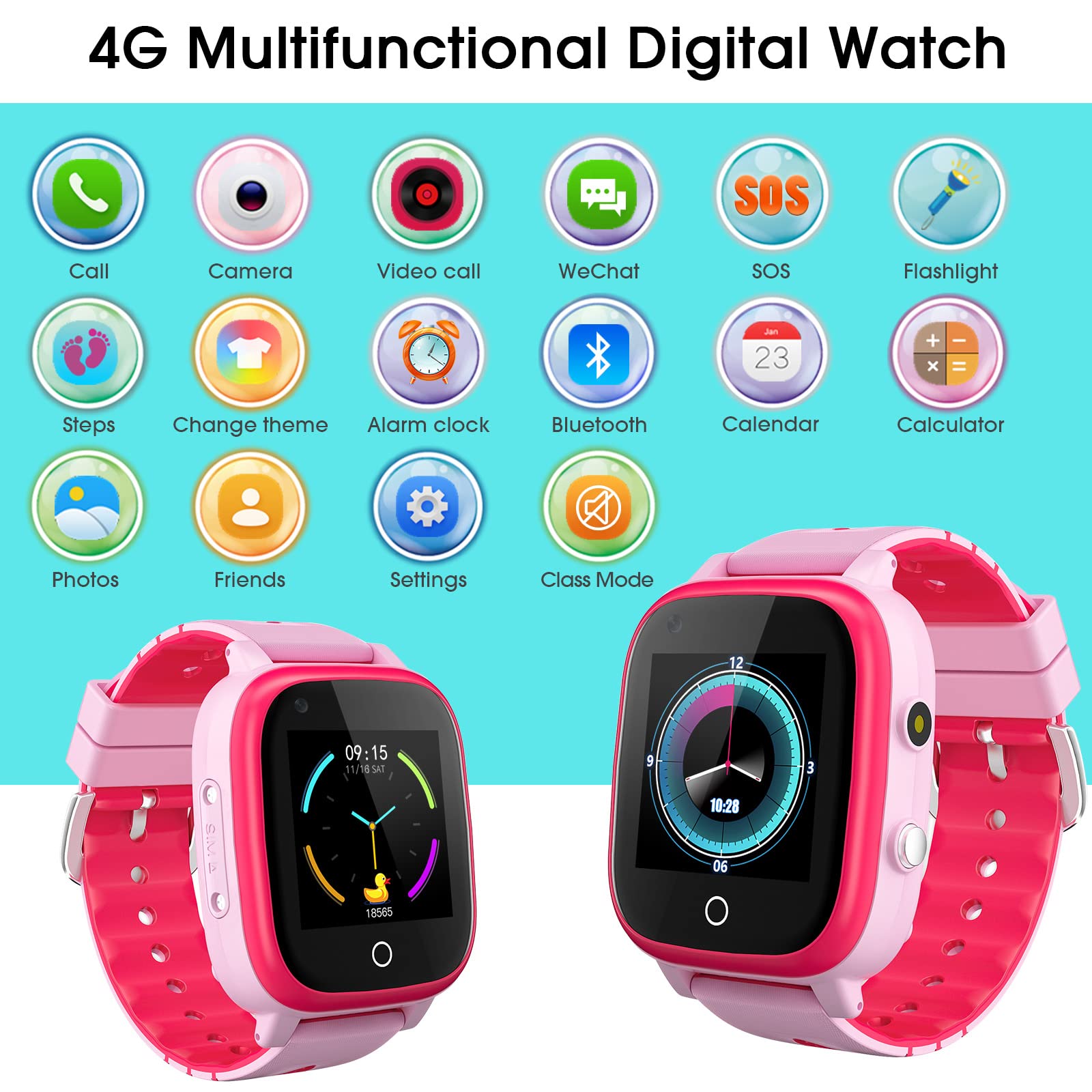cjc 4G Kids Smart Watch, Smartwatch with GPS Tracker SOS Camera Voice & Video Call, HD Touch Screen Kid Watch Phone, Birthday for Age 3-15 Boys Girls (Red)