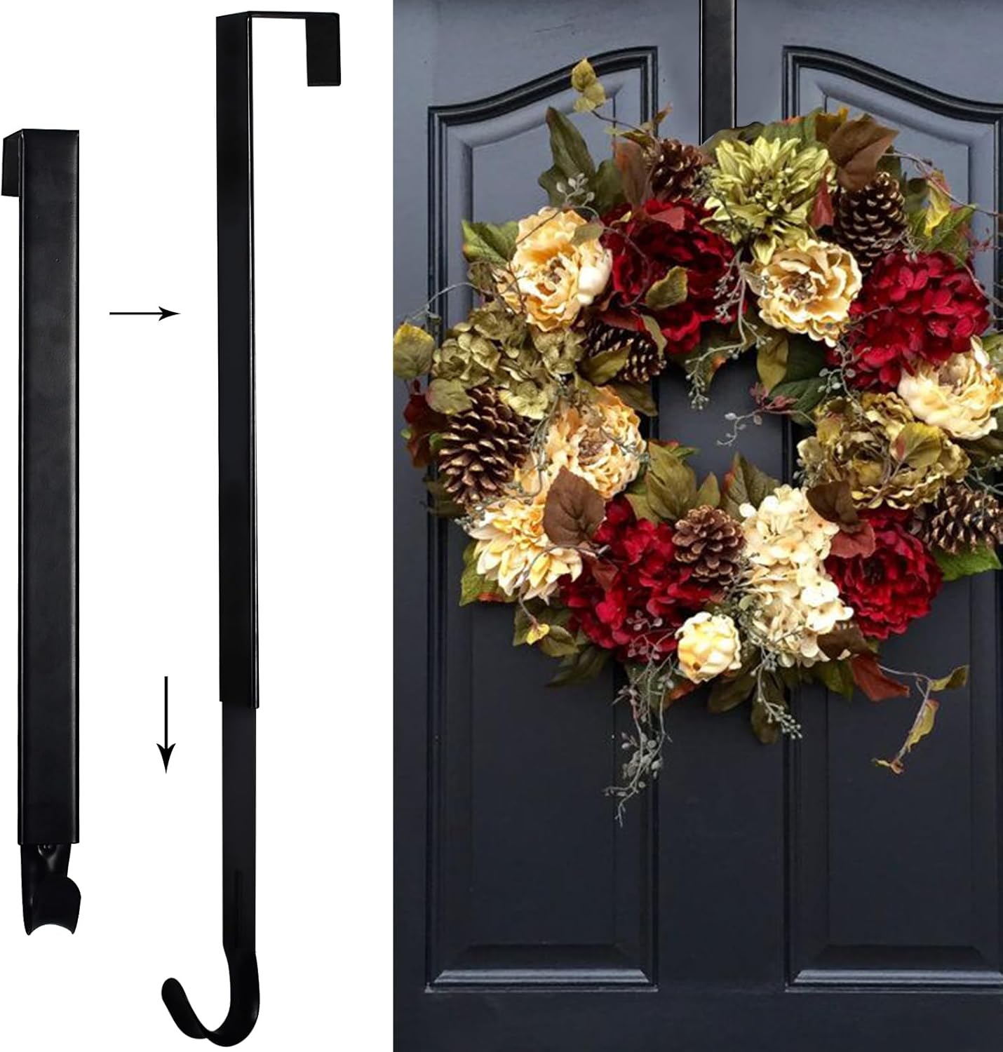 Wreath Hangers - ShangTianFeng 2 Pack Wreath Hangers for Front Door, Adjustable 15 to 25 Inch Door Hanger, Holds up to 20 lbs Wreath Hanger, Metal Door Hanger Hook, Wreath Hangers for Front Door, Black Wreath Hanger
