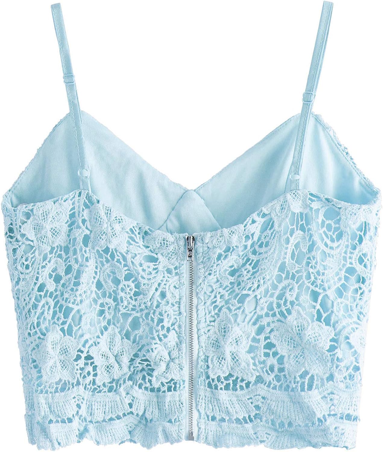 SheIn Women's Casual Lace Crochet Spaghetti Strap Zip Up Cami Crop Top Camisole at  Women’s Clothing store