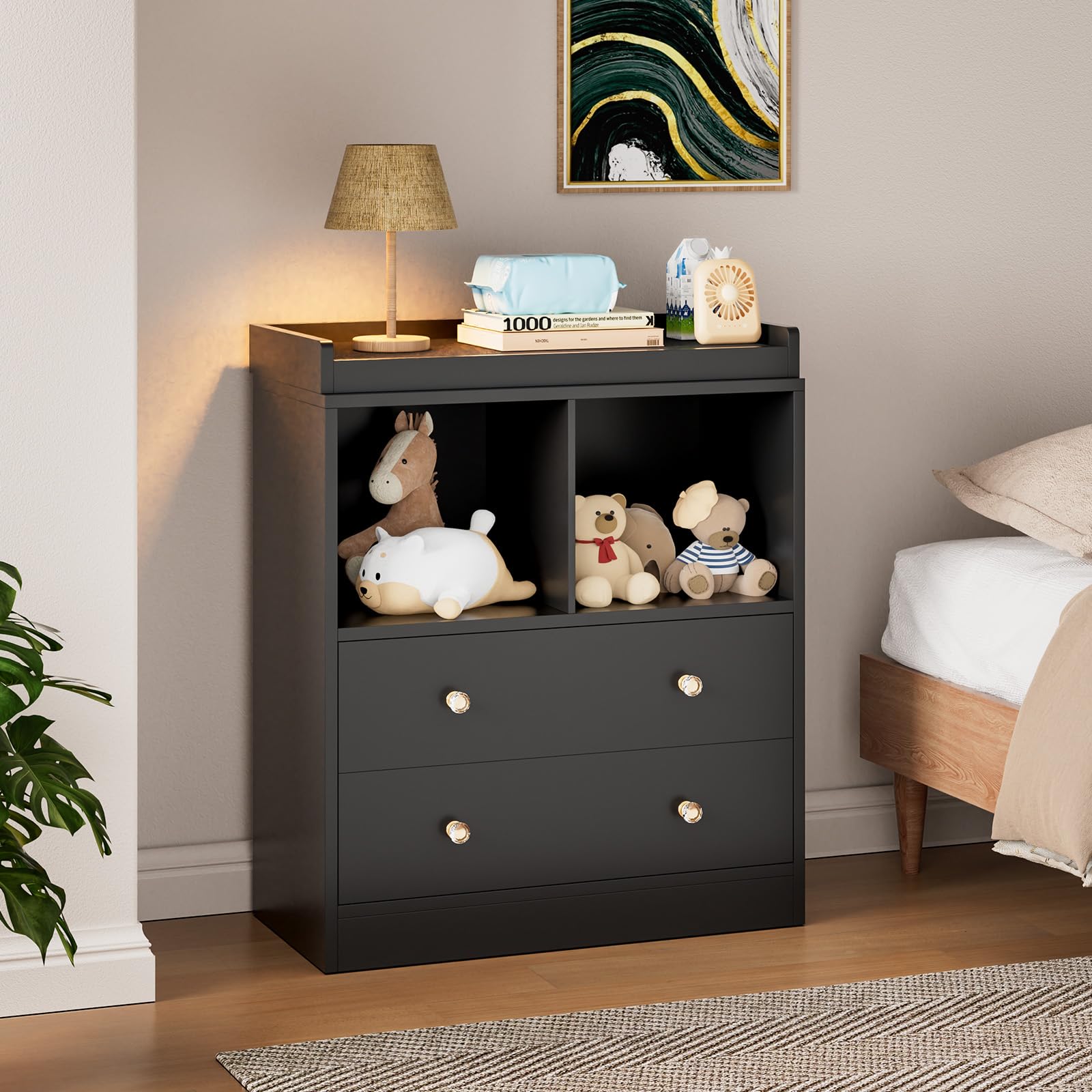 Photo 1 of GarveeHome Baby Dresser With Changing Table Top, 2 Drawer Nursery & Changing Station With Changing Pad, Sturdy Wooden Baby Changing Table Dresser for Nursery, White (31.5" W x 17.7" D x 37" H) (Black)