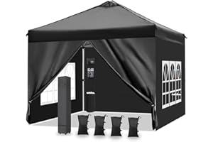 Fnsyay 10'x10' Pop Up Canopy Tent with 4 Sidewalls and 6 Pockets, Ez Pop Up Outdoor Commercial Canopy with Top Vent, 3-Height Adjustable, Roller Bag, 4 Sand Bags, 4 Ropes and 8 Stakes,Black