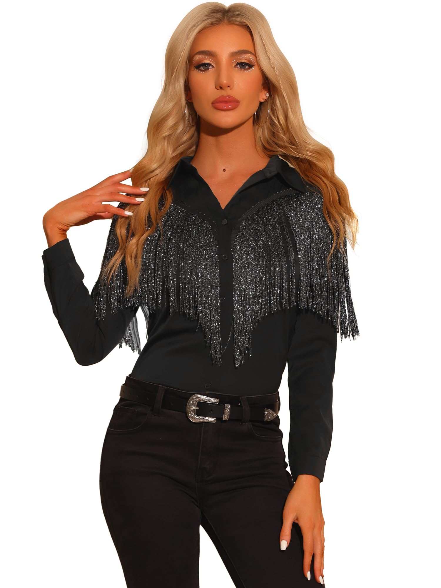 Womens Fringe Beige Embroidered Western-style Blouse 44180