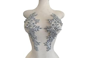 JPUMLEY.PKSN Jpumley. Pksn Handmade Rhinestones on Lace Applique Trim Sewing Beads Sequins Trim Patches for Wedding Dress Accessories 1Pair/Bag 6X14inches (Light Gray)