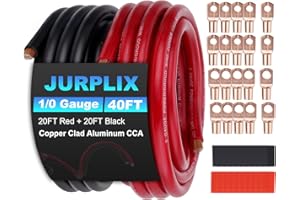 JURPLIX 1/0 Gauge Wire 1/0 AWG Battery Cable (20FT Red+20FT Black), Copper Clad Aluminum CCA Amp Wiring Kit, Automotive Wire with Terminals Connectors, for Car Audio Speaker, Marine, RV Trailer, Welding Cable