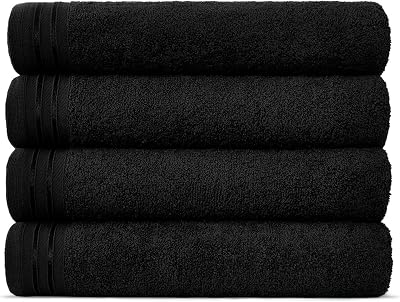 Lions Bath Towels Set of 4 600 GSM Egyptian Cotton Large 75x135cm Black