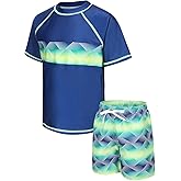 Moon Tree Boys Rash Guard Set for Boys 2 Piece Swimsuits Short Sleeve Bathing Suits with Trunks Quick Dry Swim Shirts
